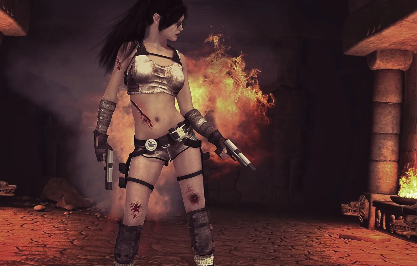 Photo wallpaper girl, game, weapons, fire, Croft, Lara