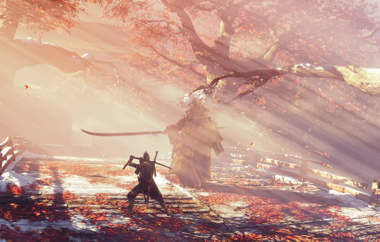 Photo wallpaper leaves, fog, the game, wolf, sword, Japan, sword, art