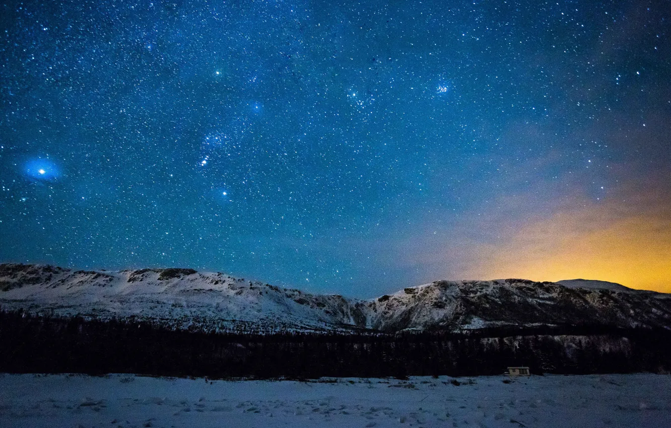 Photo wallpaper winter, space, stars, light, snow, trees, mountains, home