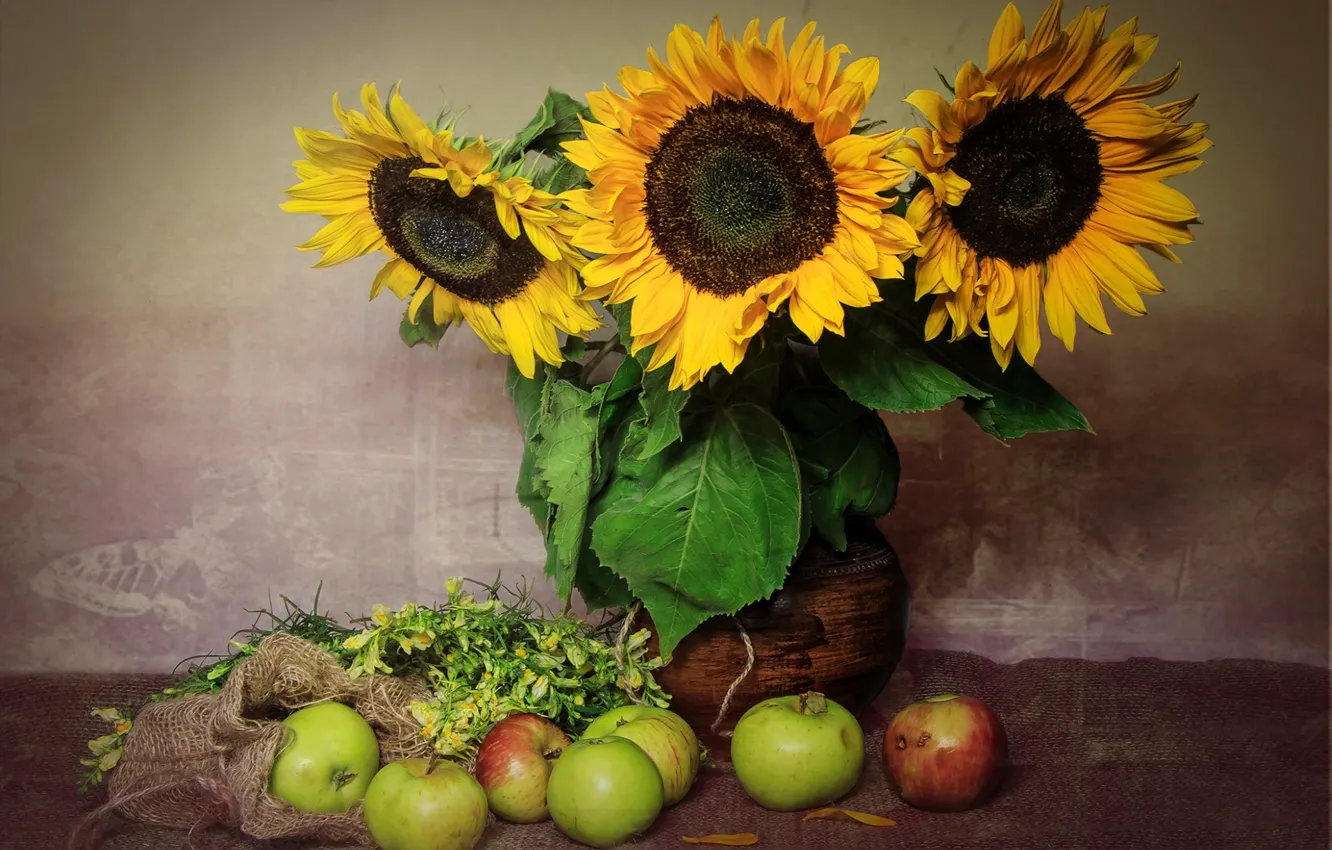 Photo wallpaper sunflowers, apples, bouquet, texture, still life