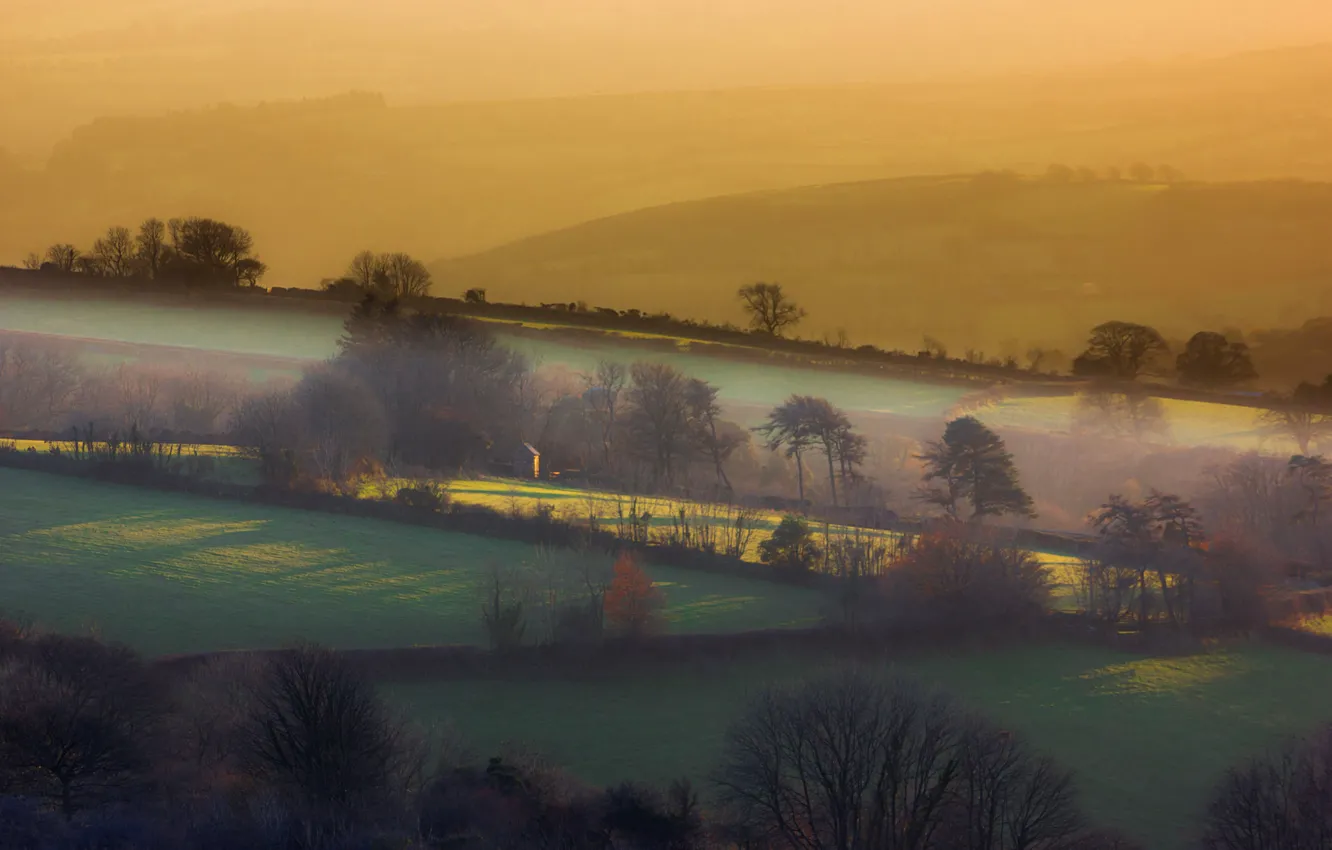 Photo wallpaper fog, hills, England