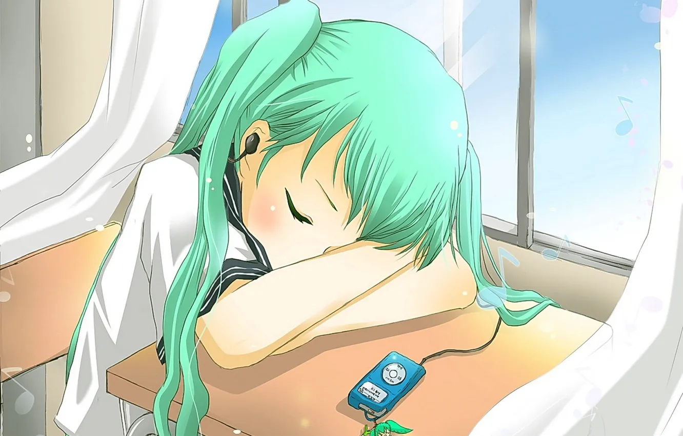 Photo wallpaper anime, headphones, sleeping, girl, form, Vocaloid, Hatsune Miku