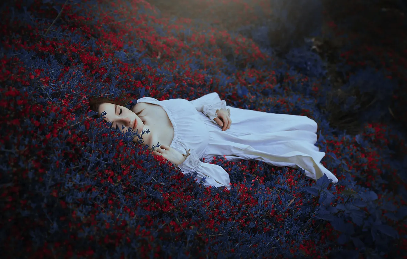 Photo wallpaper forest, grass, girl, lips, white dress, lying