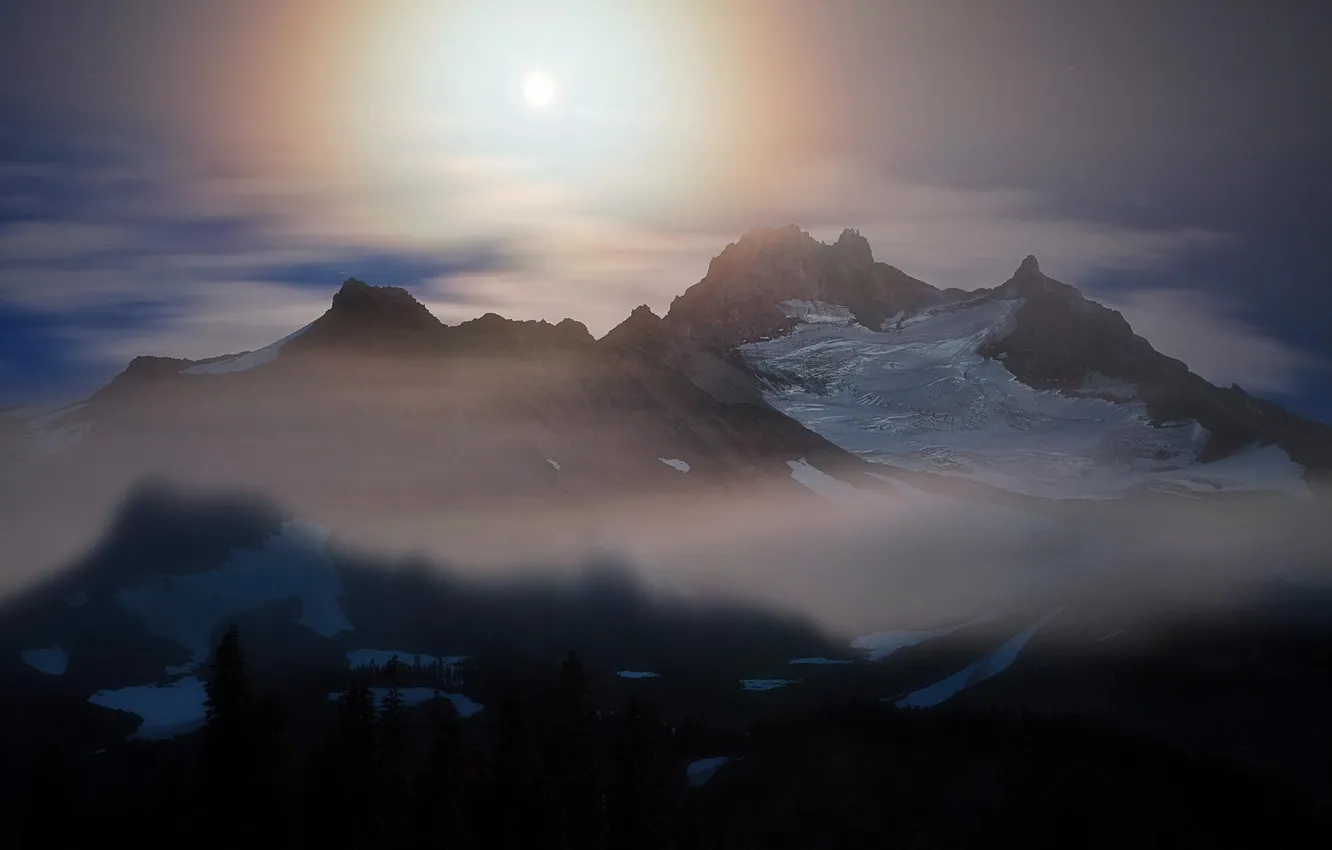 Photo wallpaper forest, the sun, clouds, snow, mountains