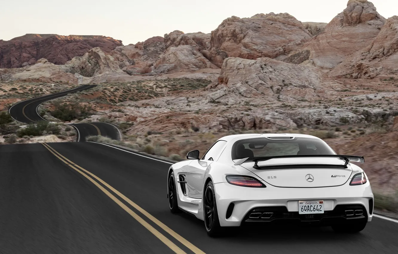 Photo wallpaper road, white, rocks, desert, Mercedes-Benz, sports car, AMG, SLS