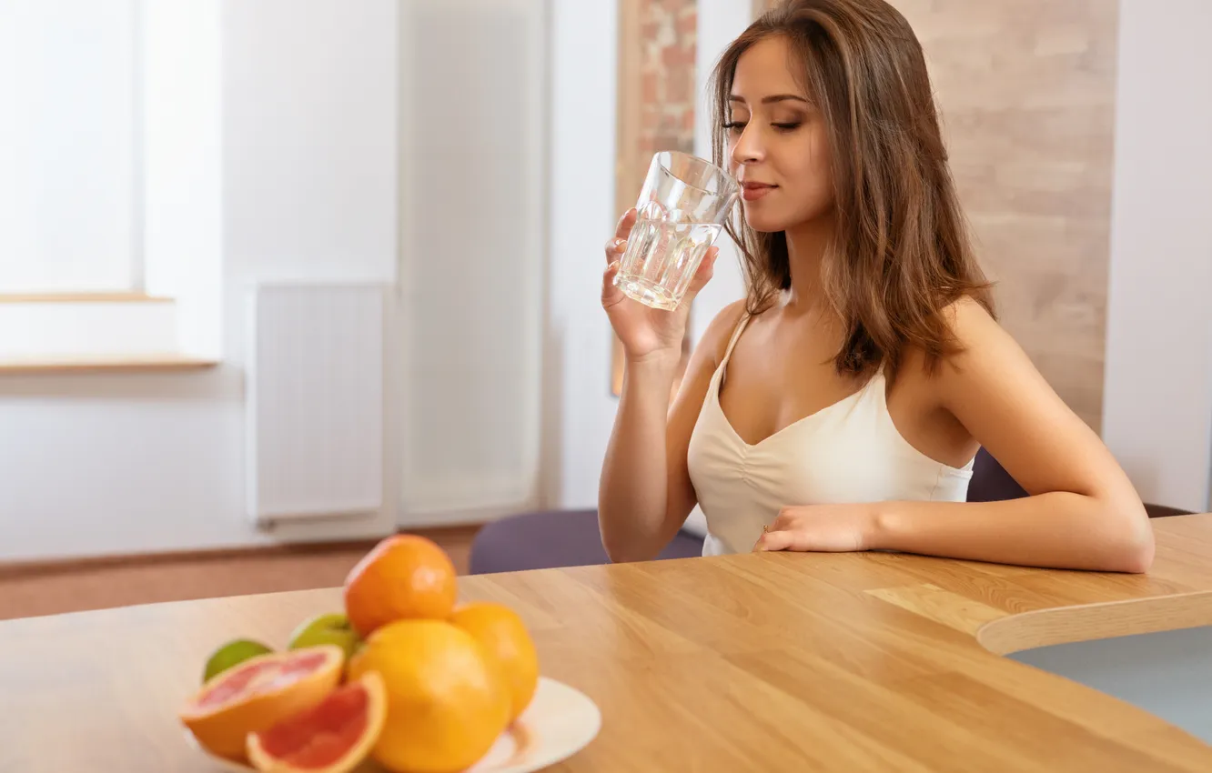 Photo wallpaper water, table, oranges, healthy food, healthy diet