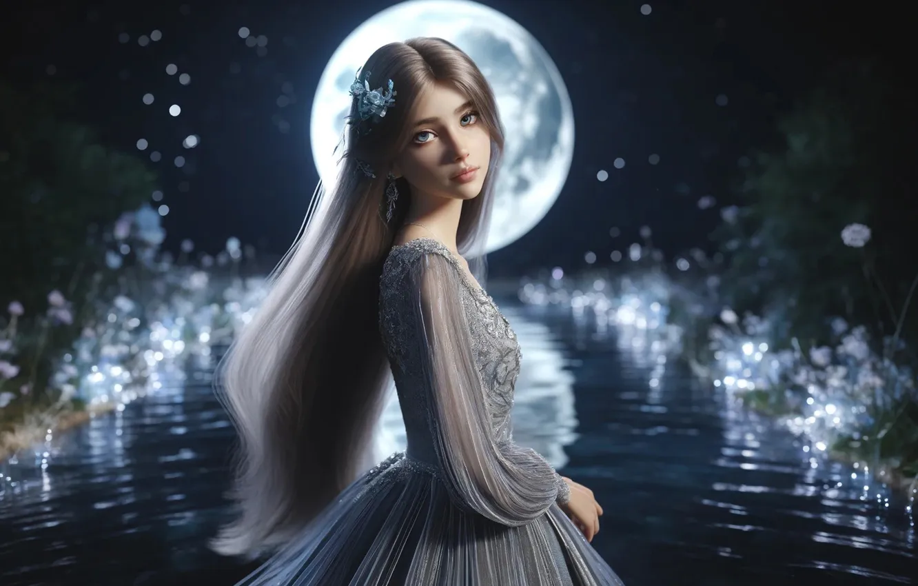 Photo wallpaper night, lake, the moon, doll, Barbie