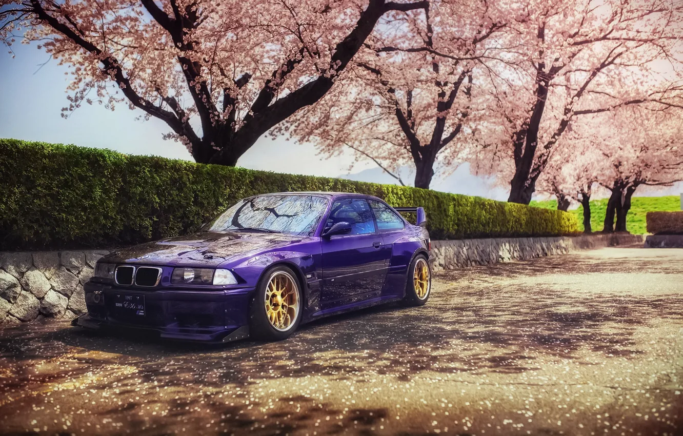 Photo wallpaper spring, Japan, Sakura, BMW, speedhunters, E36, Rocket Bunny, M3