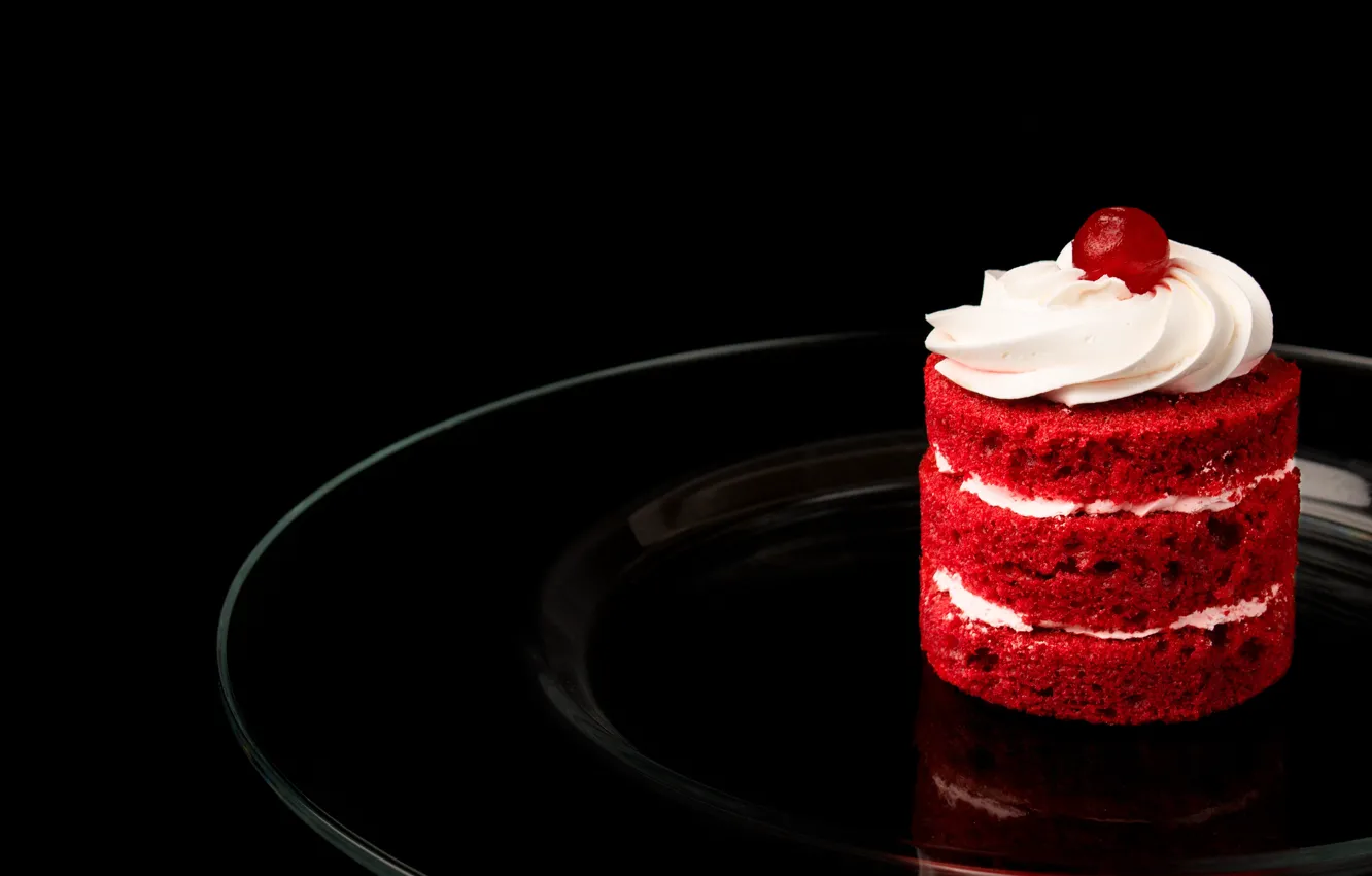 Photo wallpaper red, plate, cake, cherry, black background, cream, layer