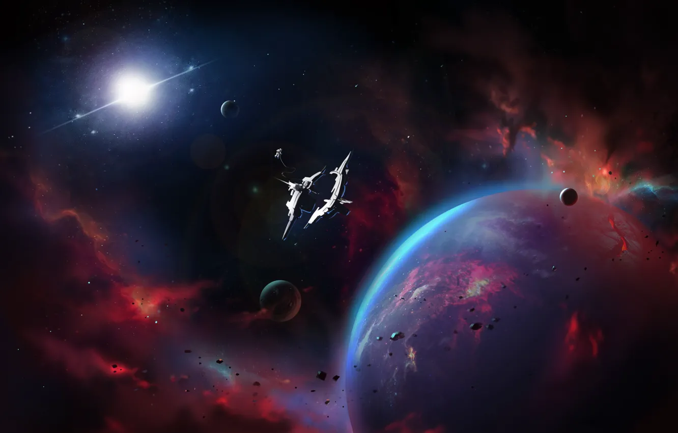 Photo wallpaper space, stars, planet, astronaut, station, asteroids, space, star