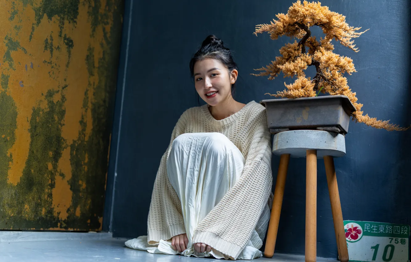 Photo wallpaper look, girl, smile, skirt, Asian, sweater