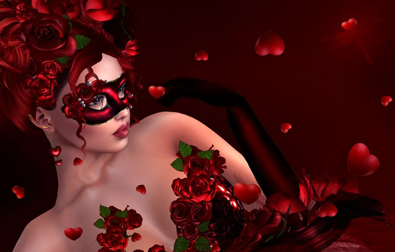 Photo wallpaper girl, flowers, face, background, mask, hearts