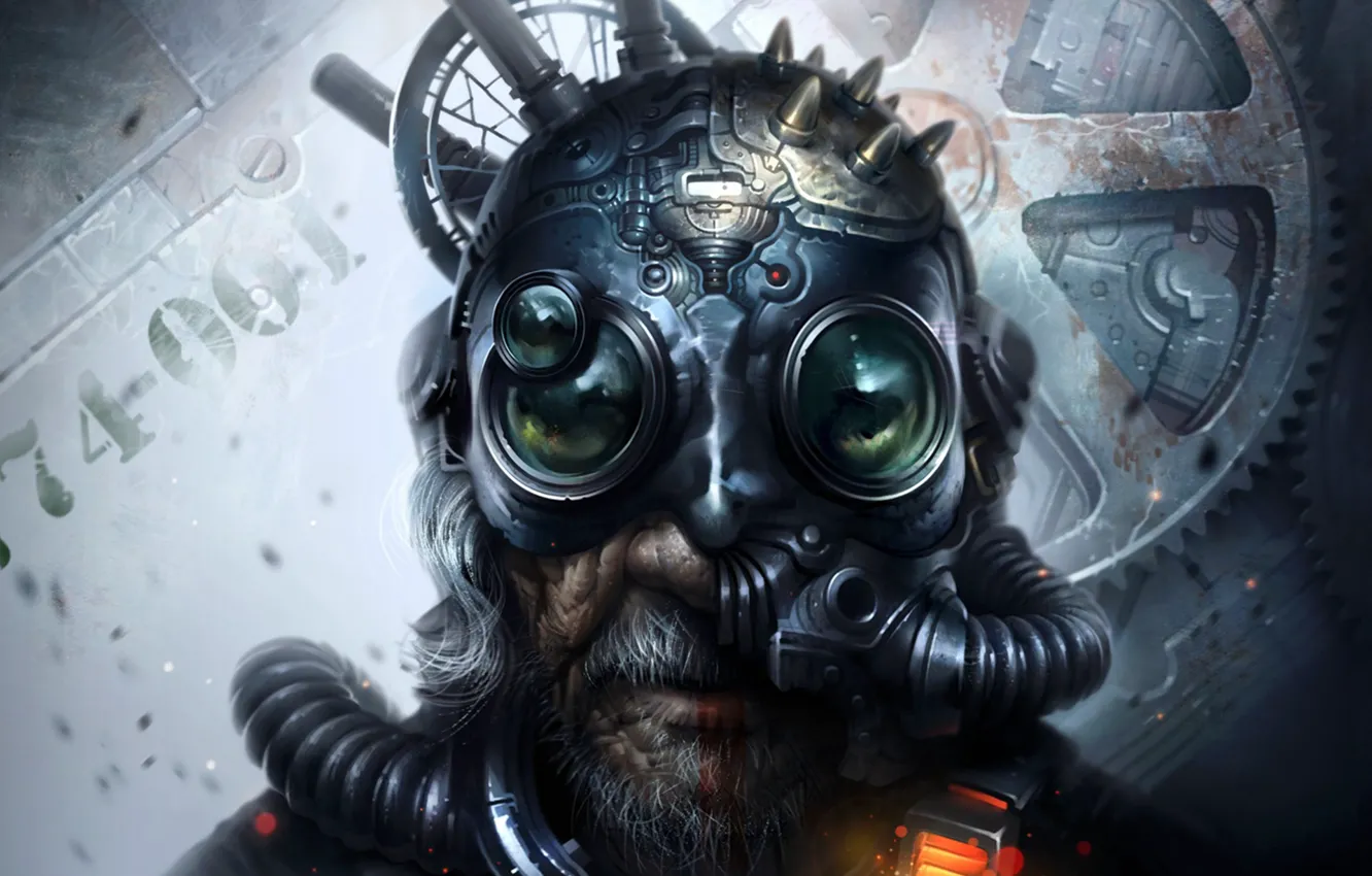 Photo wallpaper fiction, grandfather, helmet, grandpa, beard, cyberpunk, art