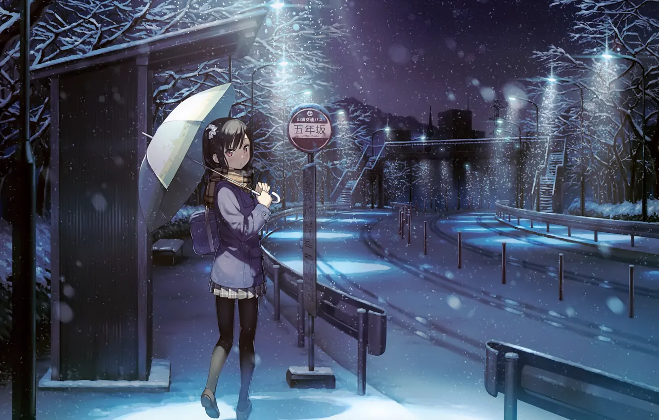 Photo wallpaper Girl, Street, Umbrella, kantoku, shizuku