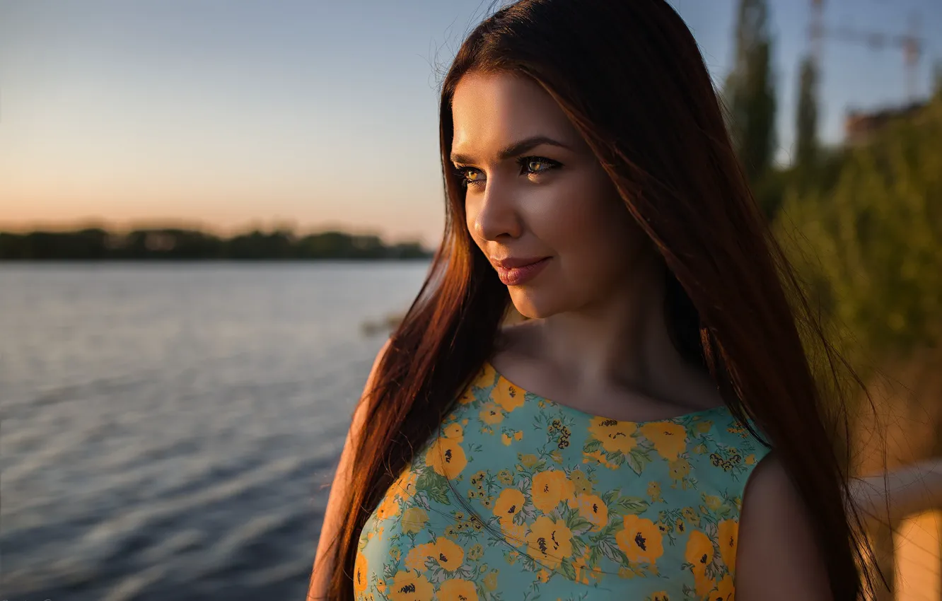 Photo wallpaper the sun, landscape, river, model, portrait, makeup, dress, hairstyle