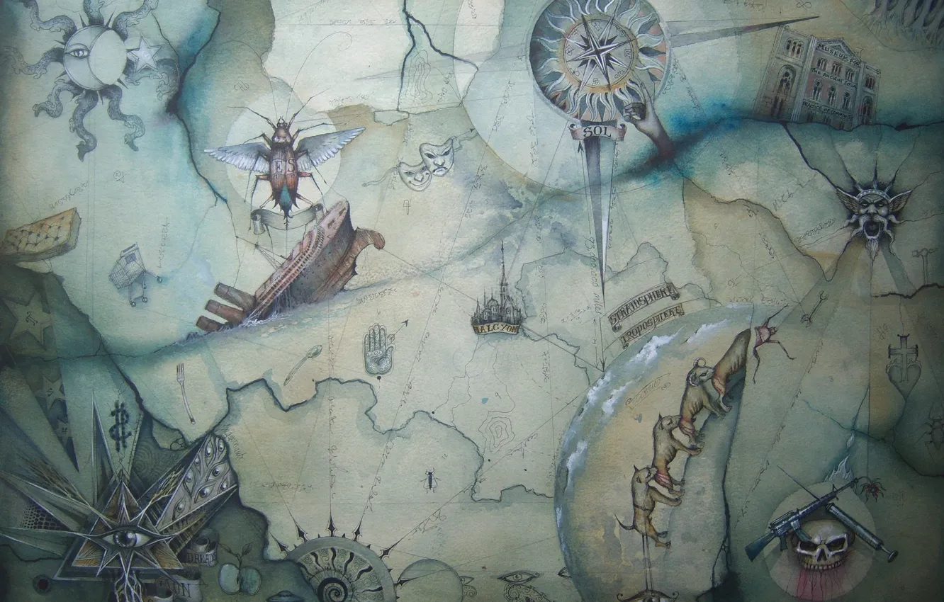 Photo wallpaper ship, map, beetle, compass, triangle, Enter Shikari
