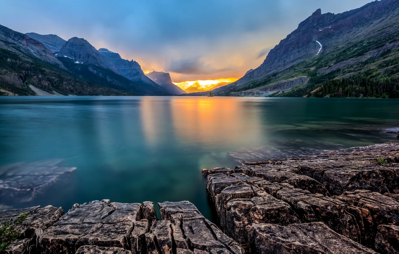 Photo wallpaper sunset, mountains, lake, stones, rocks, Glacier National Park, Saint Mary Lake, Montana