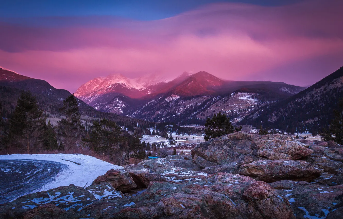 Photo wallpaper winter, snow, sunset, mountains, tops, haze