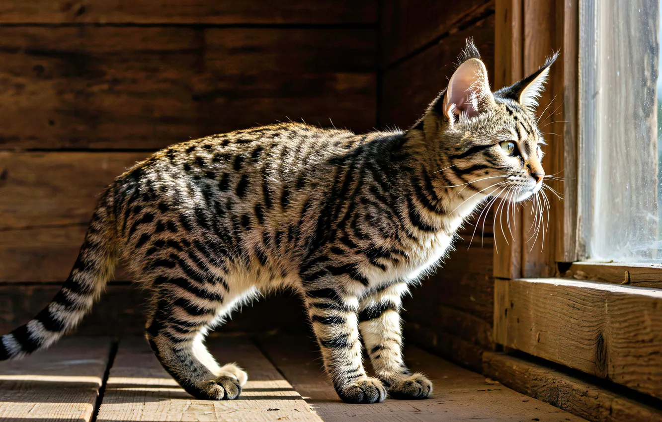 Photo wallpaper cat, cat, look, glass, light, pose, grey, Board