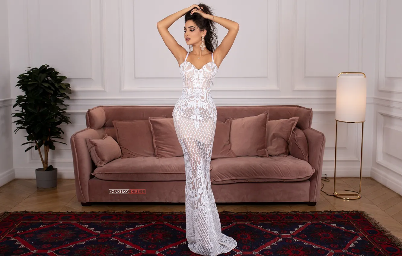 Photo wallpaper girl, flowers, pose, sofa, carpet, figure, dress, floor lamp