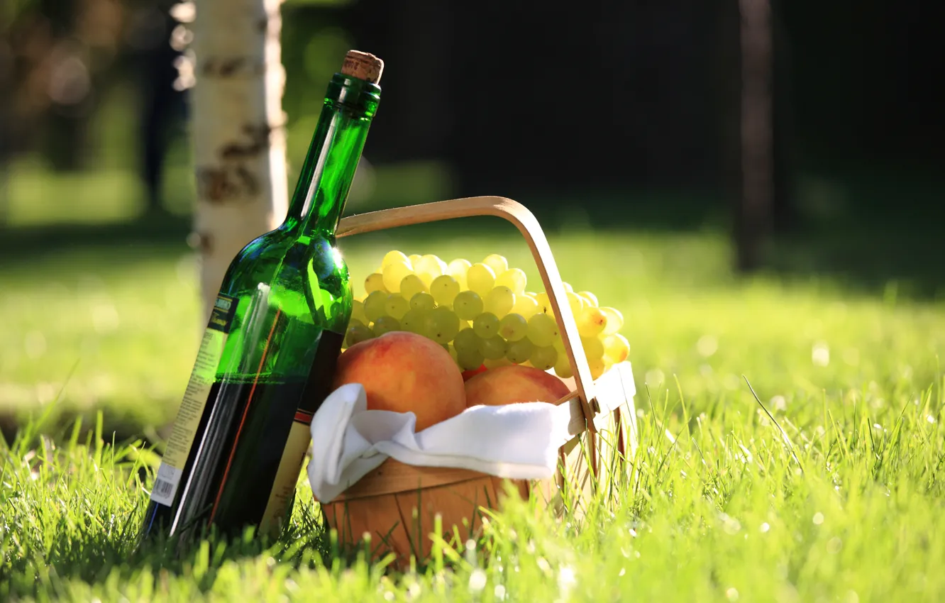 Photo wallpaper grass, red, wine, basket, grapes, picnic, birch, peaches