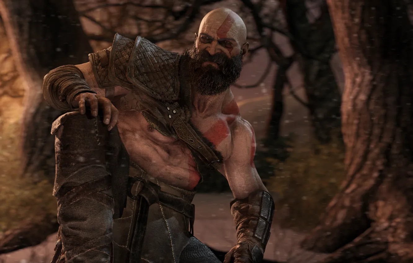 Photo wallpaper forest, night, rendering, God, beard, Kratos, God of War