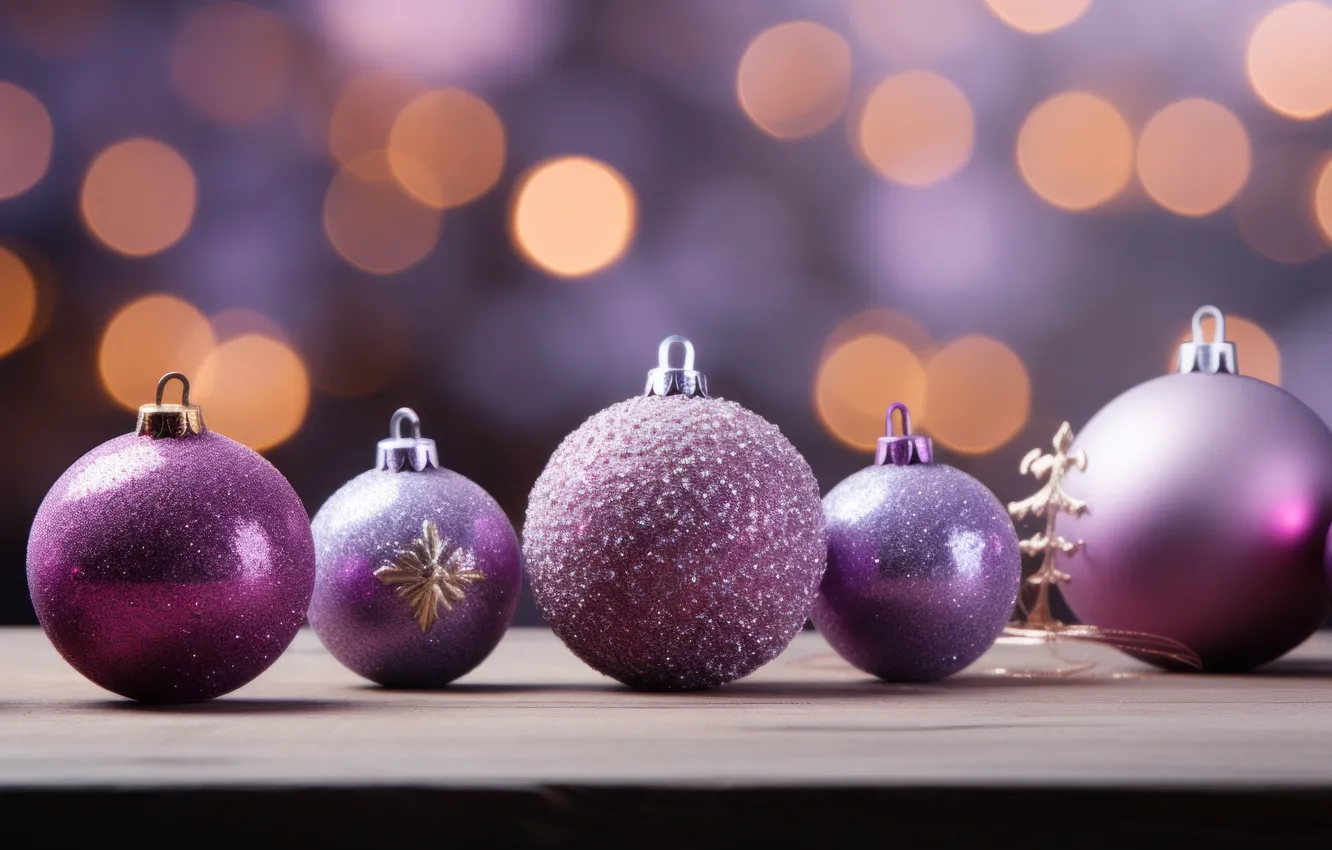 Photo wallpaper purple, balls, new year, Christmas, lilac, Christmas decorations, lilac background, AI art