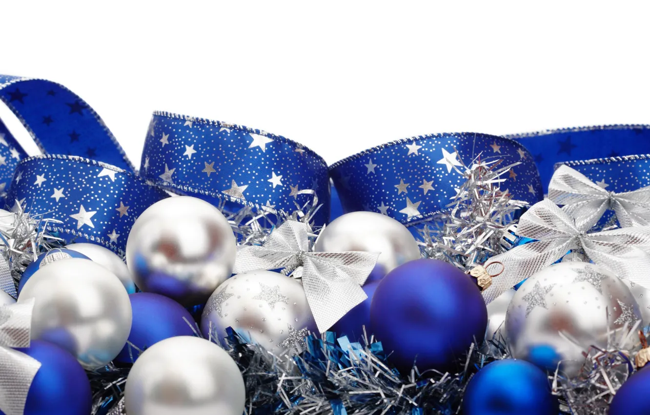 Photo wallpaper white, blue, background, holiday, balls, new year, tape, tinsel