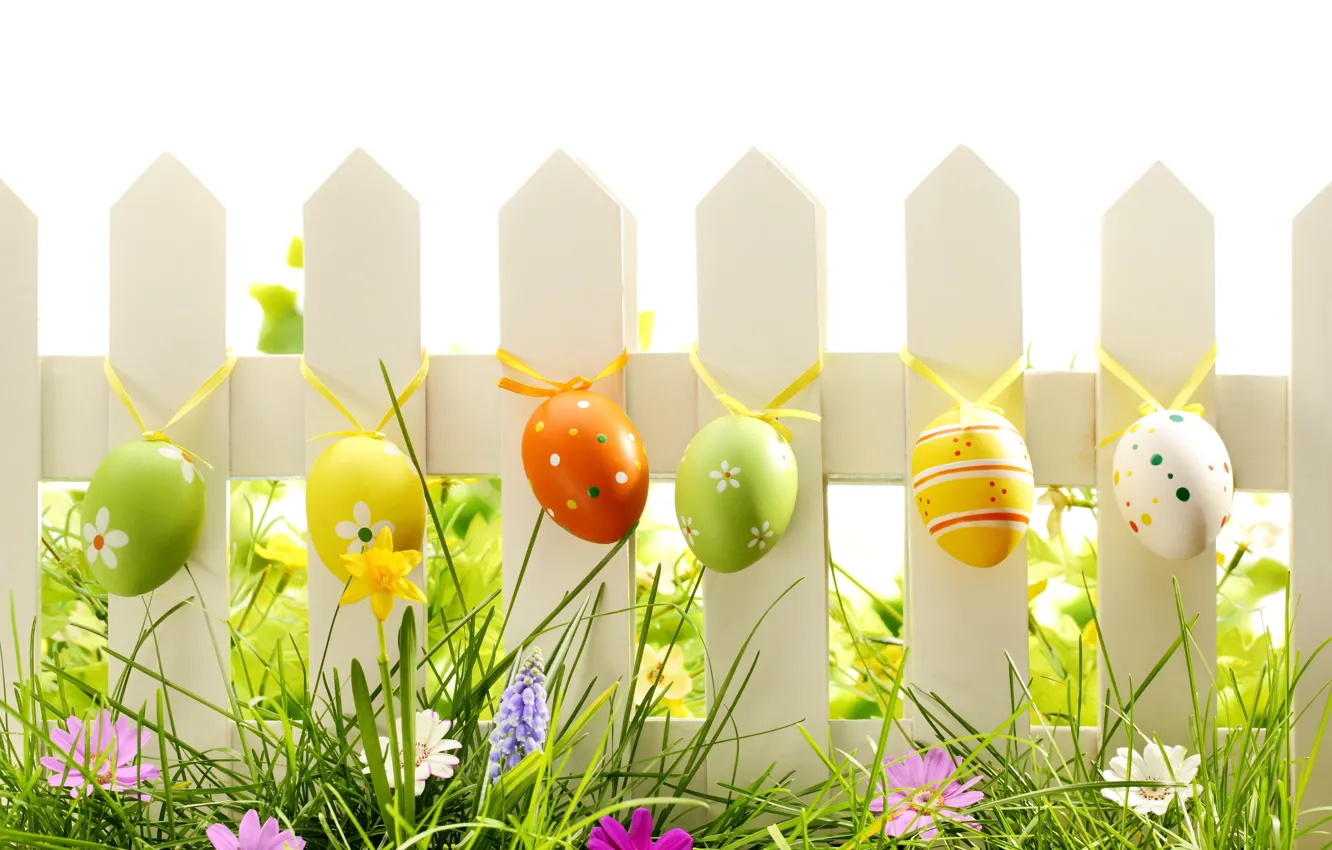 Photo wallpaper grass, flowers, nature, eggs, spring, Easter