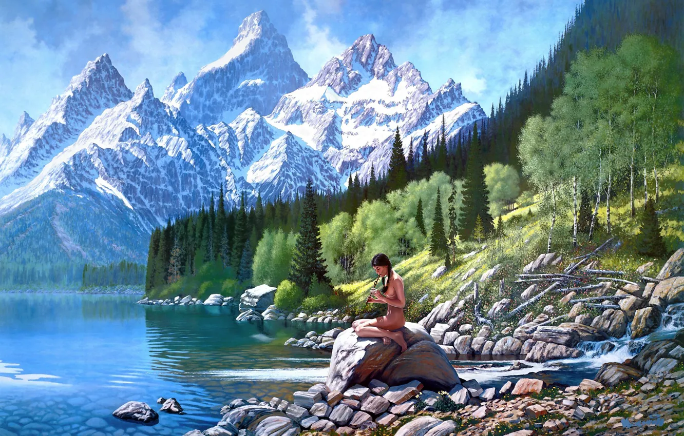 Photo wallpaper forest, girl, trees, landscape, mountains, river, art, Roy Kerswill