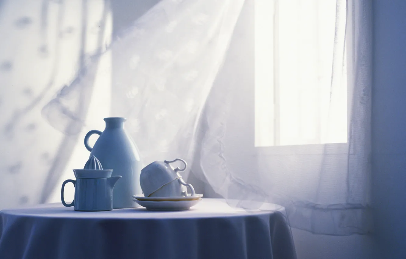 Photo wallpaper light, table, room, interior, window, Cup, dishes, white