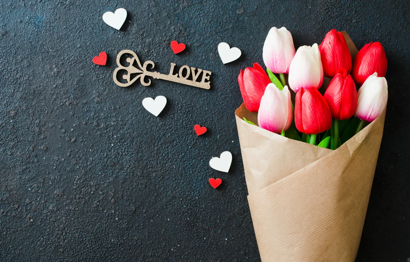 Photo wallpaper bouquet, hearts, tulips, love