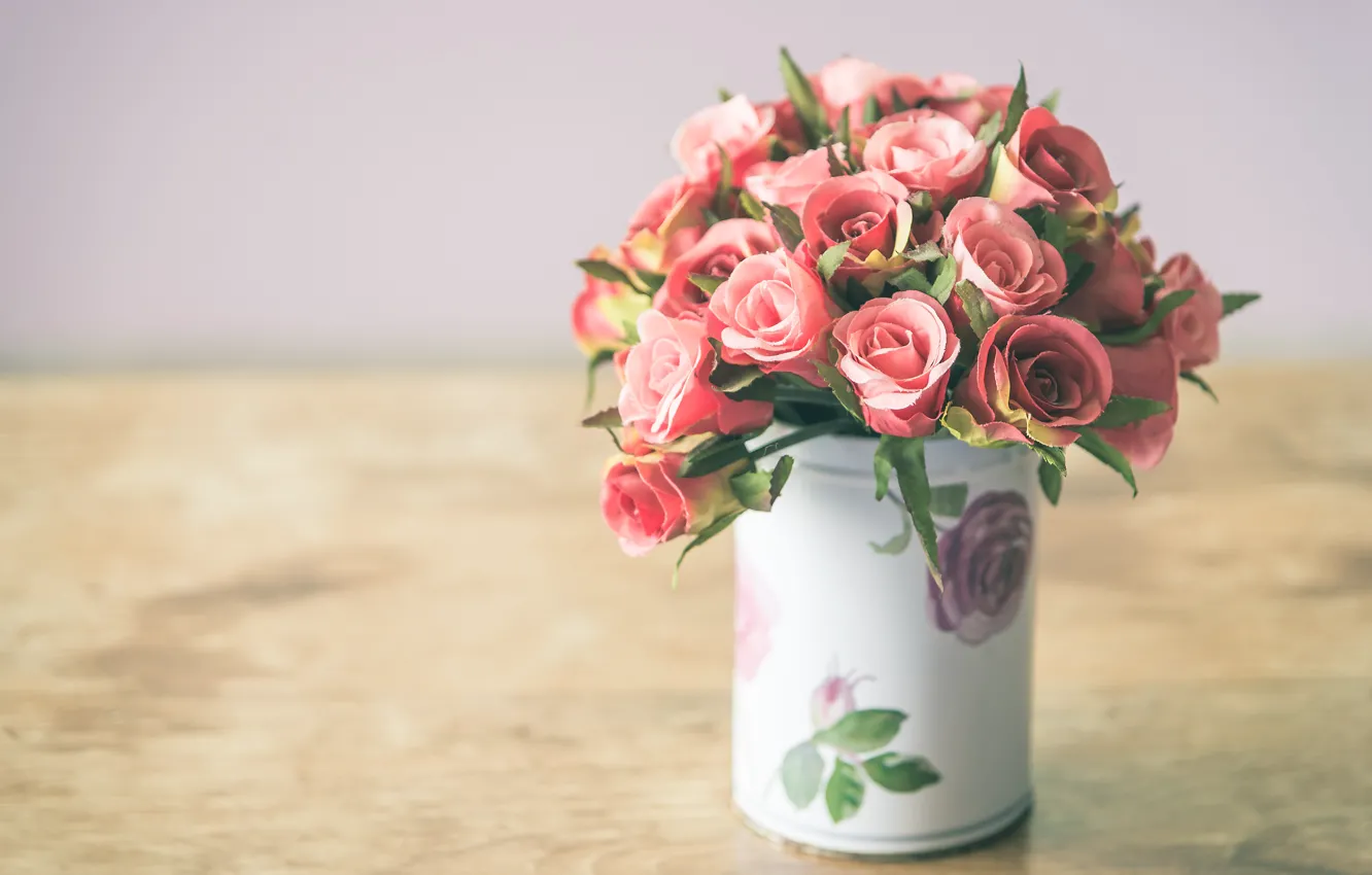 Photo wallpaper flowers, roses, bouquet, petals, vase, pink, rosebud
