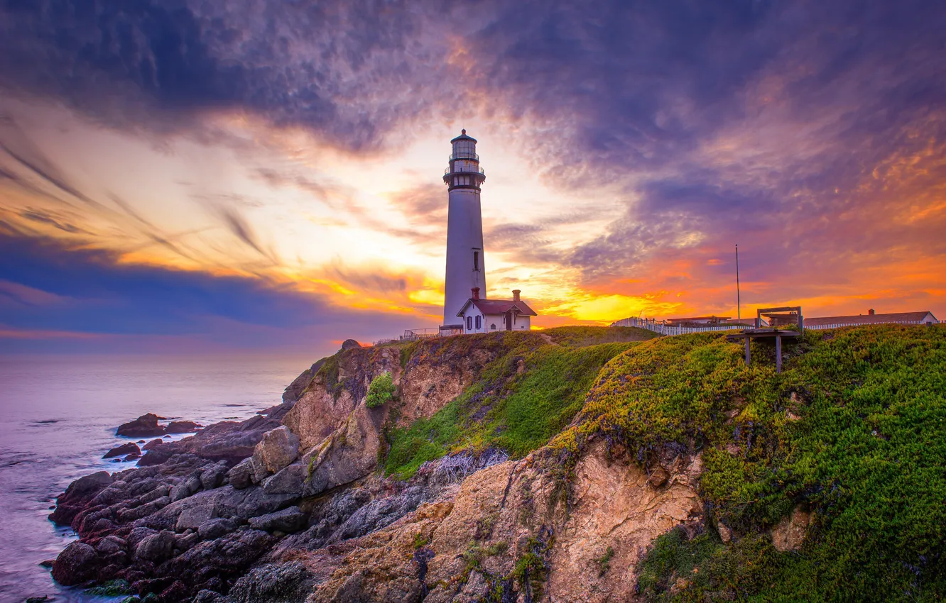 Photo wallpaper sunset, lighthouse, beauty