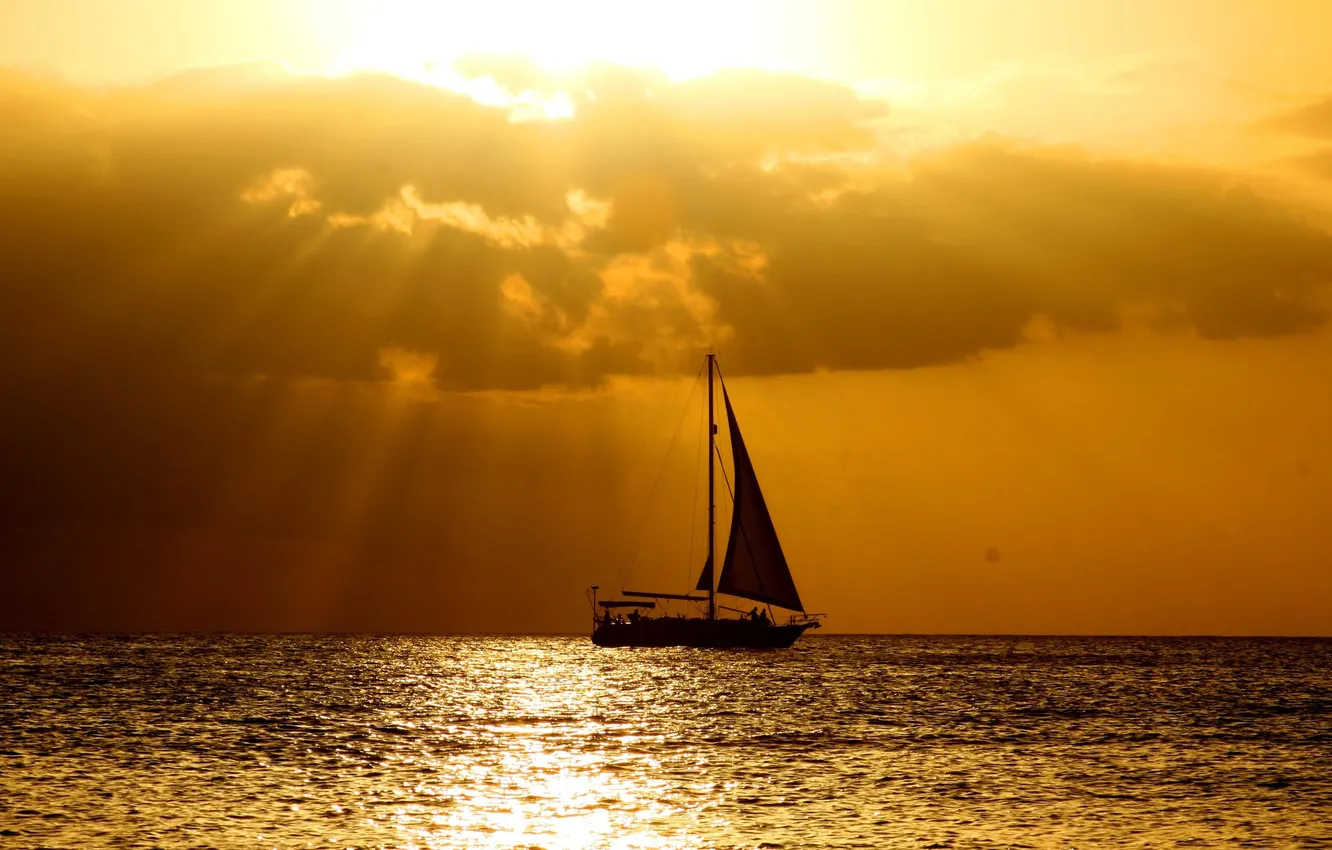 Photo wallpaper the sky, water, clouds, rays, sunset, the ocean, romance, calm