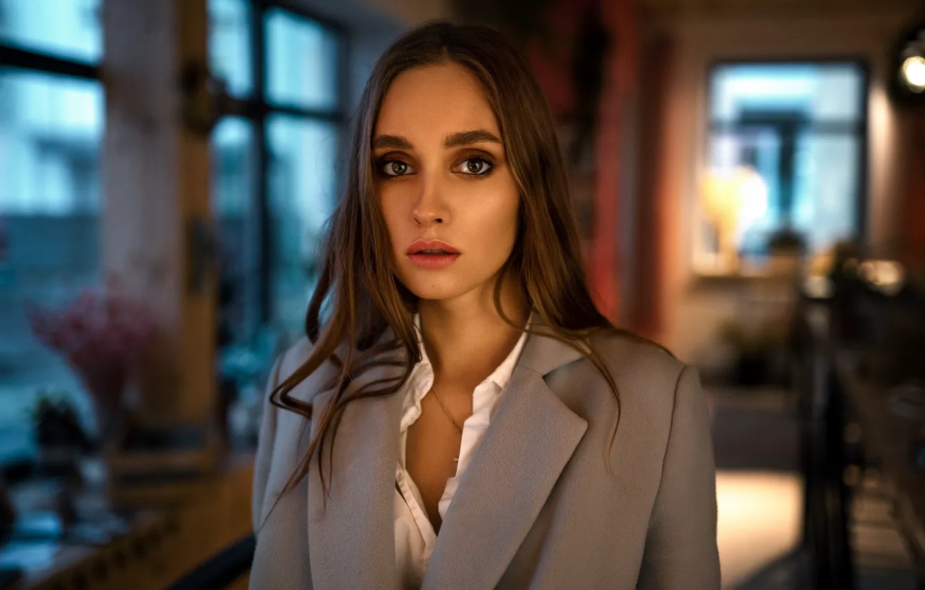 Photo wallpaper look, pose, model, portrait, makeup, hairstyle, brown hair, jacket