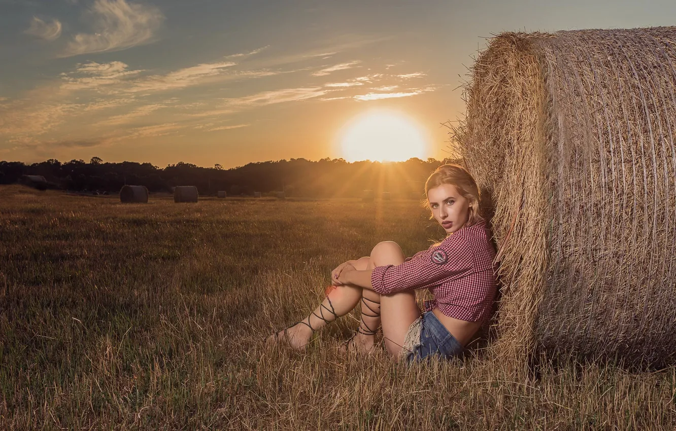 Photo wallpaper summer, girl, the sun, shorts, hay, golden hour, Andrea Carretta