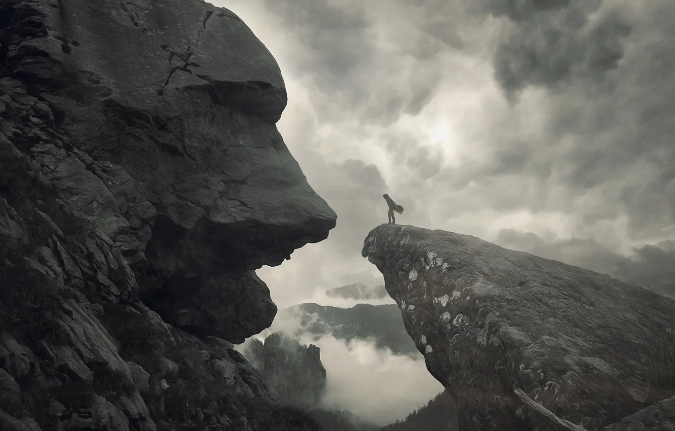 Photo wallpaper clouds, mountains, fog, art, art, mountains