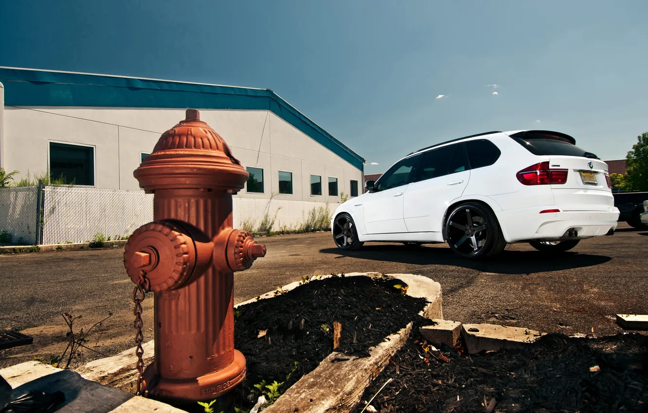 Photo wallpaper white, the sky, building, BMW, BMW, white, rear view, crossover