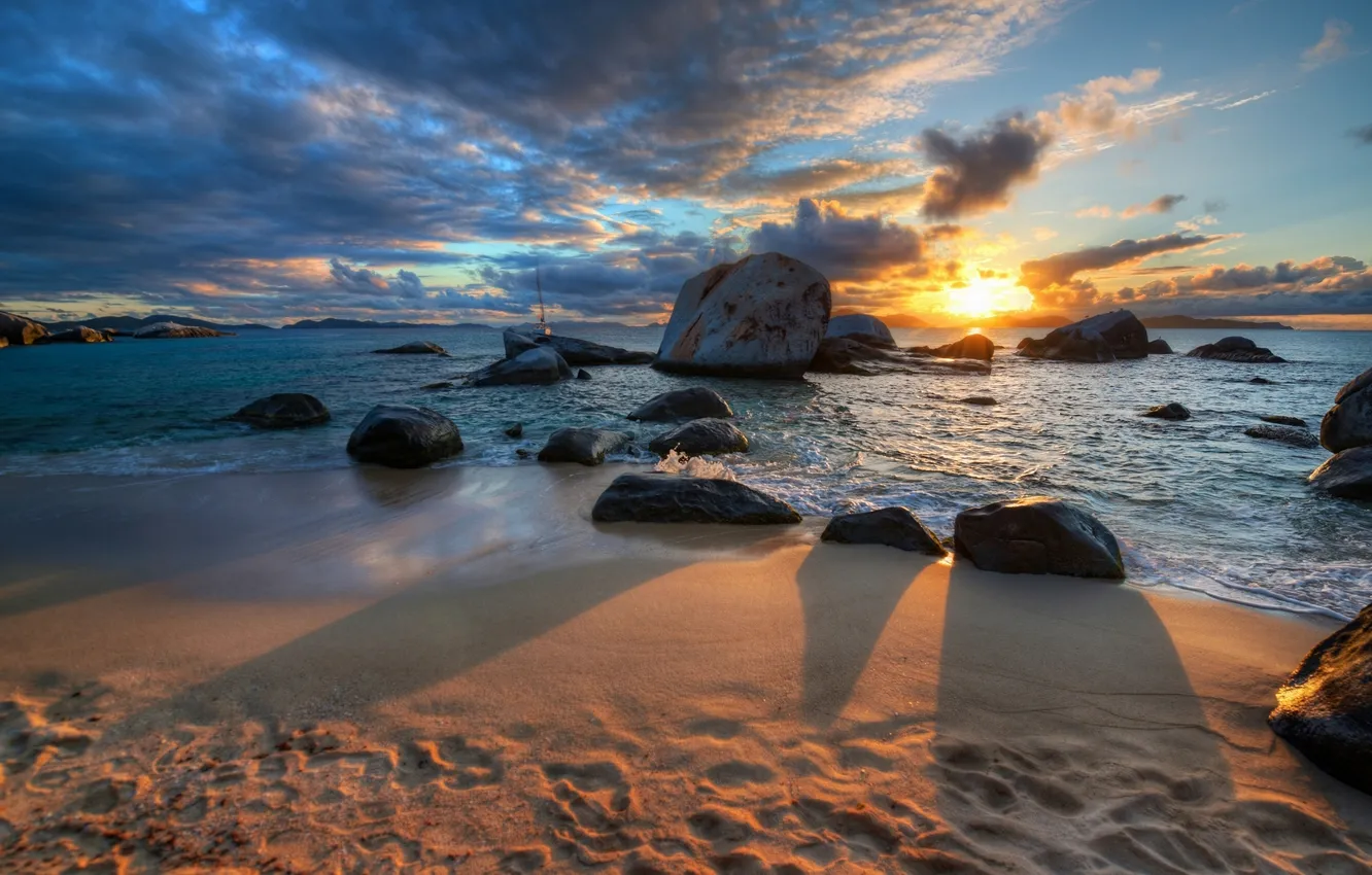 Photo wallpaper sunset, stones, coast, Caribbean, British Virgin Islands, British virgin Islands, The Caribbean sea