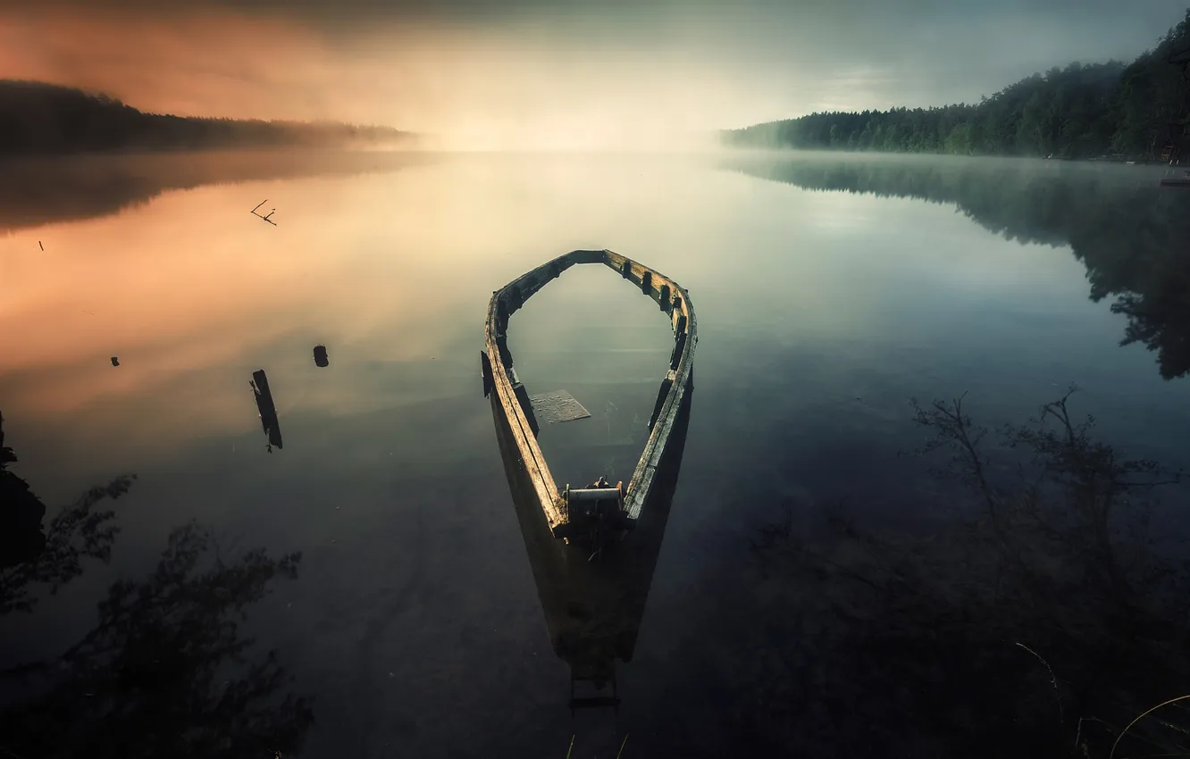 Photo wallpaper lake, boat, the evening, haze, photo, old, Carlos M. Almagro