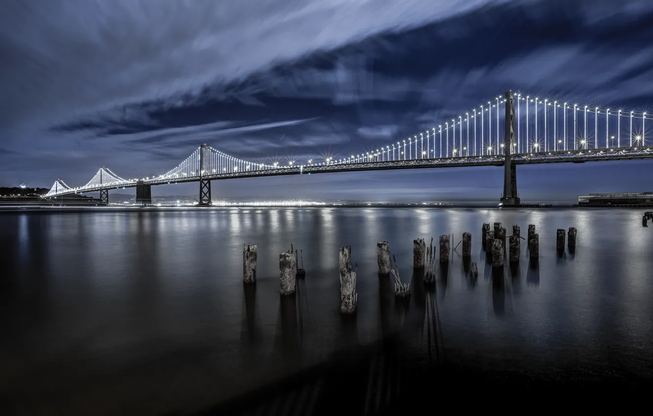 Photo wallpaper the sky, bridge, lights, port, CA, Bay, San Francisco, California