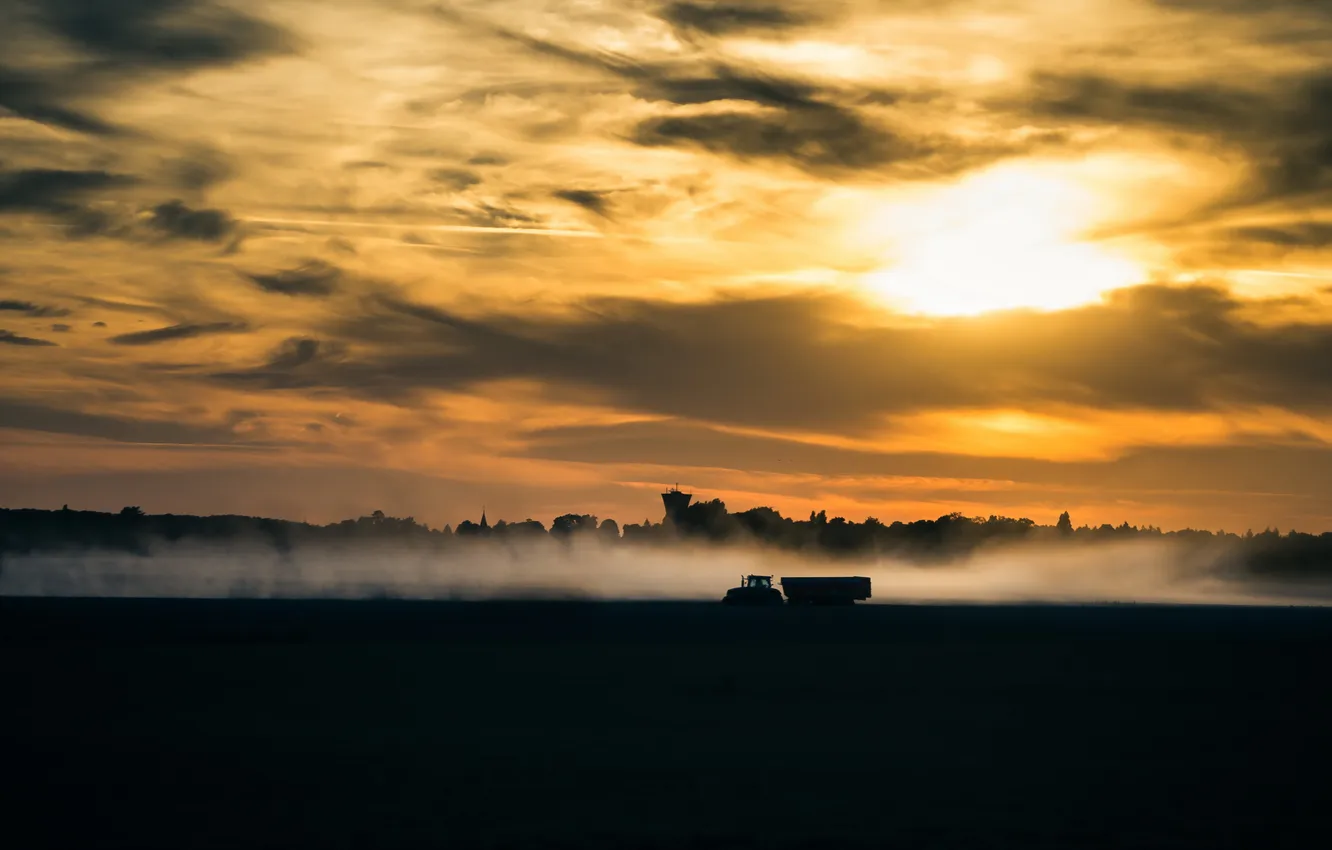 Photo wallpaper landscape, sunset, tractor