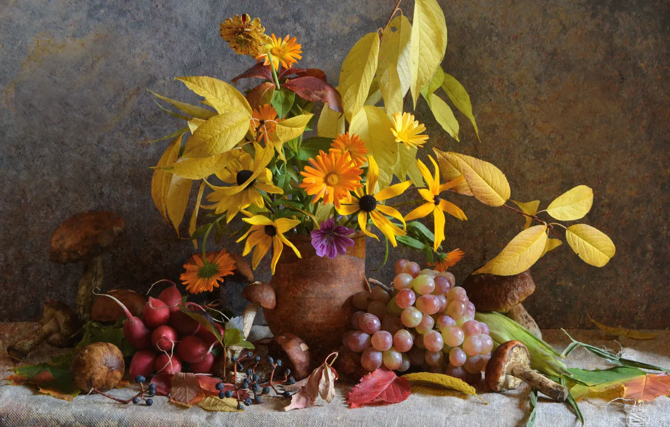 Photo wallpaper autumn, leaves, flowers, mushrooms, bouquet, still life, composition, autumn bouquet