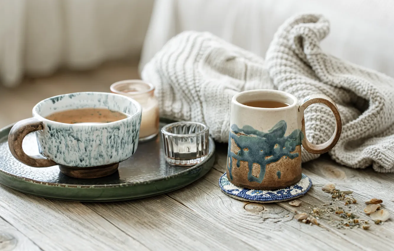 Photo wallpaper tea, Board, candles, mug, Cup, sweater, tray, bokeh