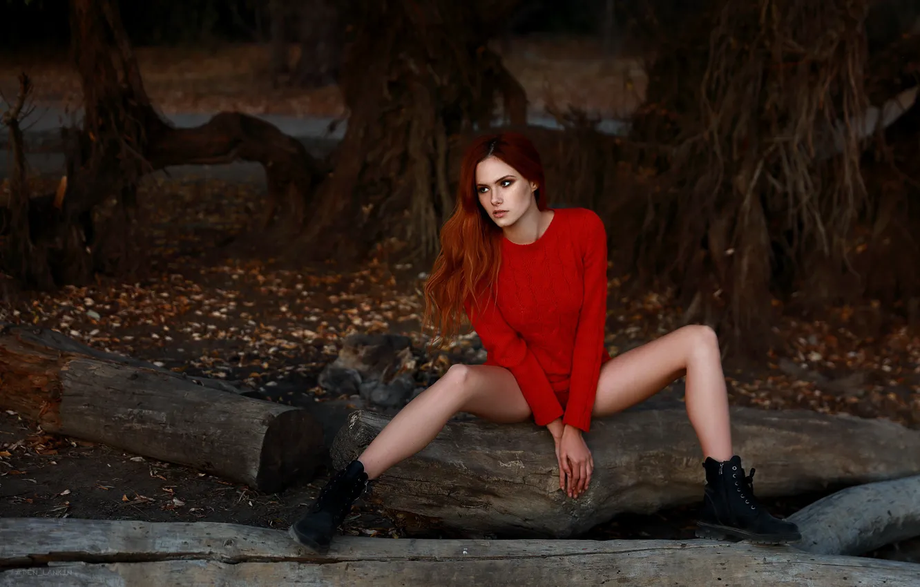 Photo wallpaper autumn, girl, pose, feet, shoes, red, log, redhead