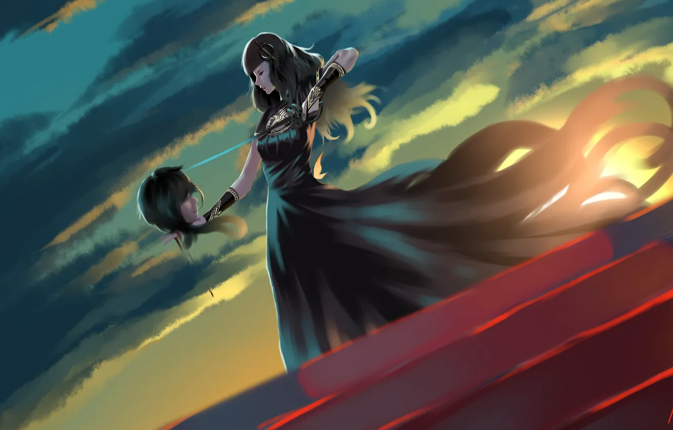 Photo wallpaper girl, blood, head, knife, warrior