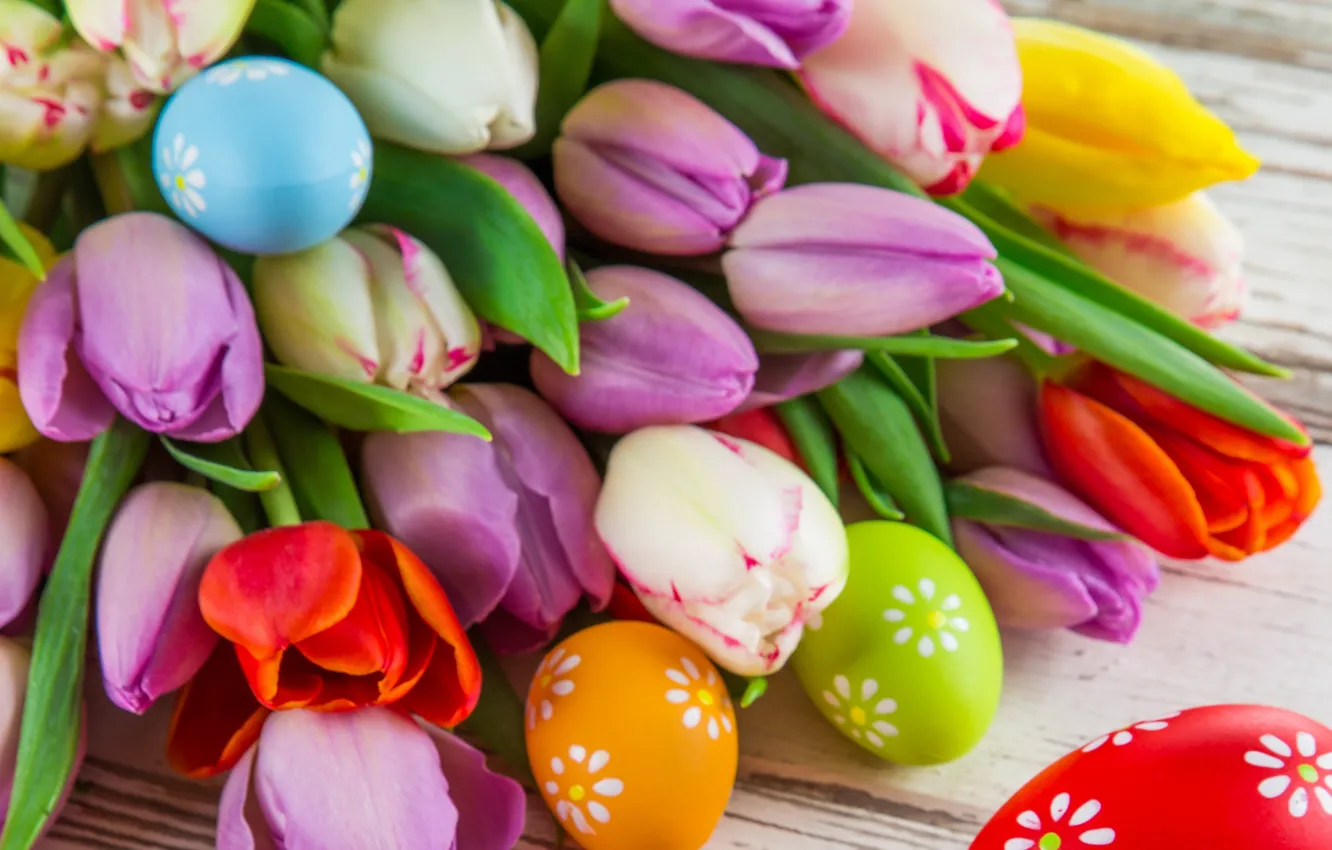 Photo wallpaper flowers, eggs, bouquet, Easter, tulips, flowers, Easter, eggs