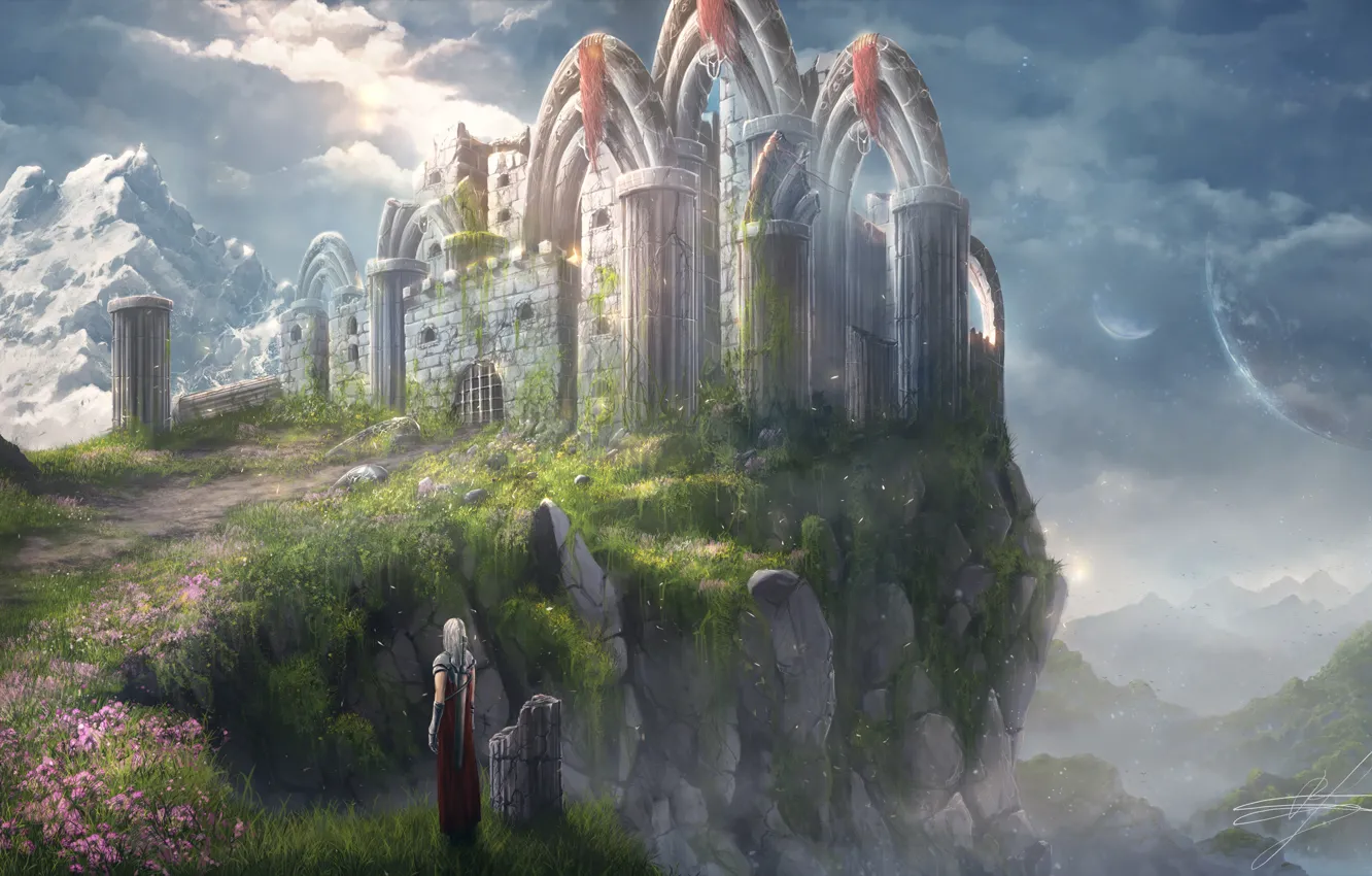 Photo wallpaper the sky, rocks, people, sword, art, fantasy