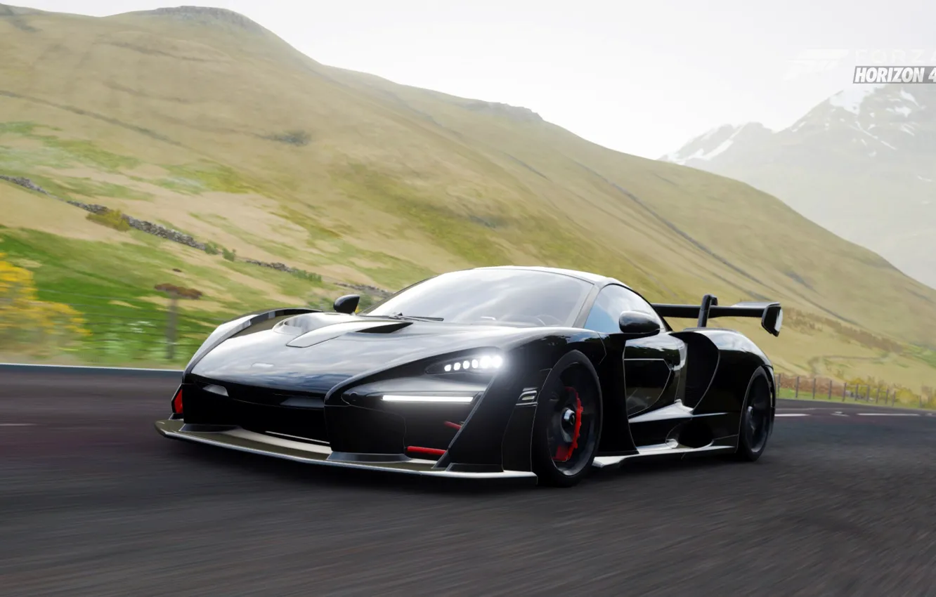 Photo wallpaper mountains, supercar, Forza Horizon 4, McLaren Senna